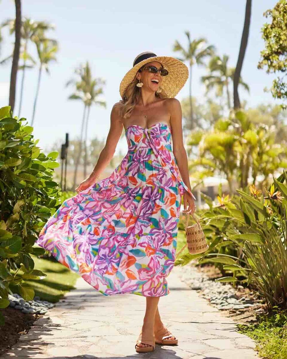 Kenny Flowers Tropical Tie Front Smocked Flowy Vacation Resort Midi Dress Small